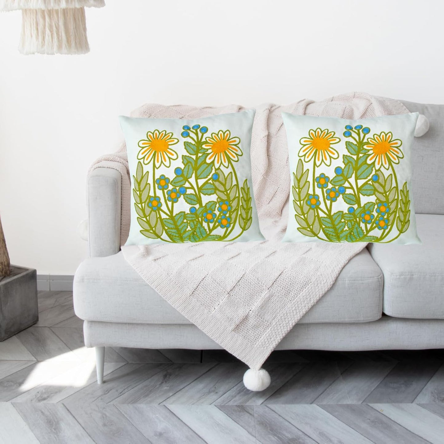 Embroidered Decorative Throw Pillow Cover, 18"x18" Set of 2, Farmhouse Pillowcase Daisy Knit Pattern Cotton Canvas Cushion Case Square Floral Pillow Case for Sofa Couch Bed Living Room…