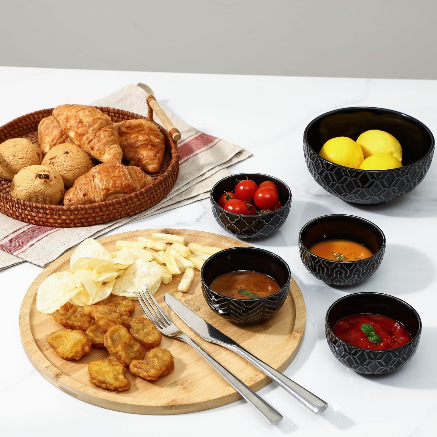 Sureasy Small Bowls 4 OZ, 3.5 Inch Dipping Bowls, Ceramic Embossed Mini Bowl for Side Dishes, Sauces, Appetizer, Housewarming, Set of 4, Black