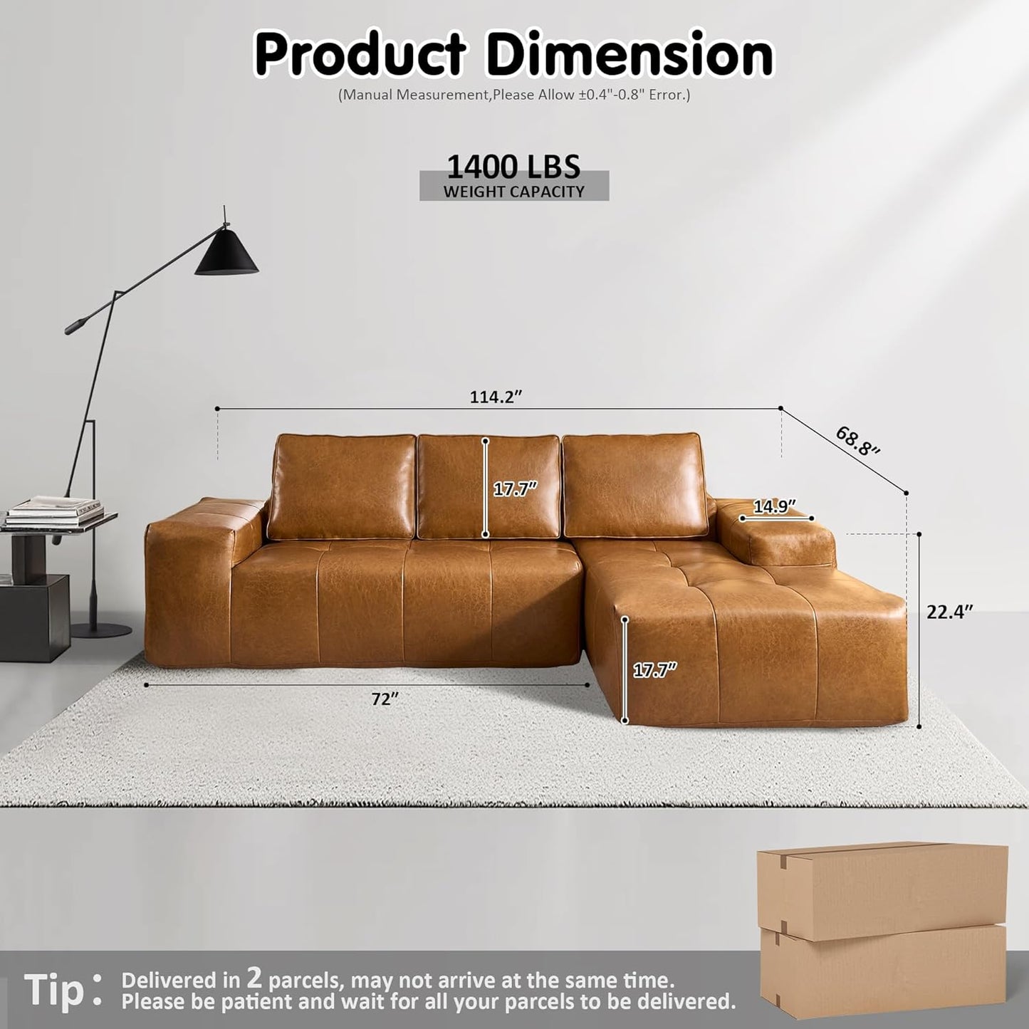 ovios Sectional Cloud Couch for Living Room, Modular Floor Sofa with Plush Corduroy, No Assembly Required, Big Comfy Couches Set with Fluffy Memory Foam, Stupendous U Shaped Sofas with Chaise, Brown