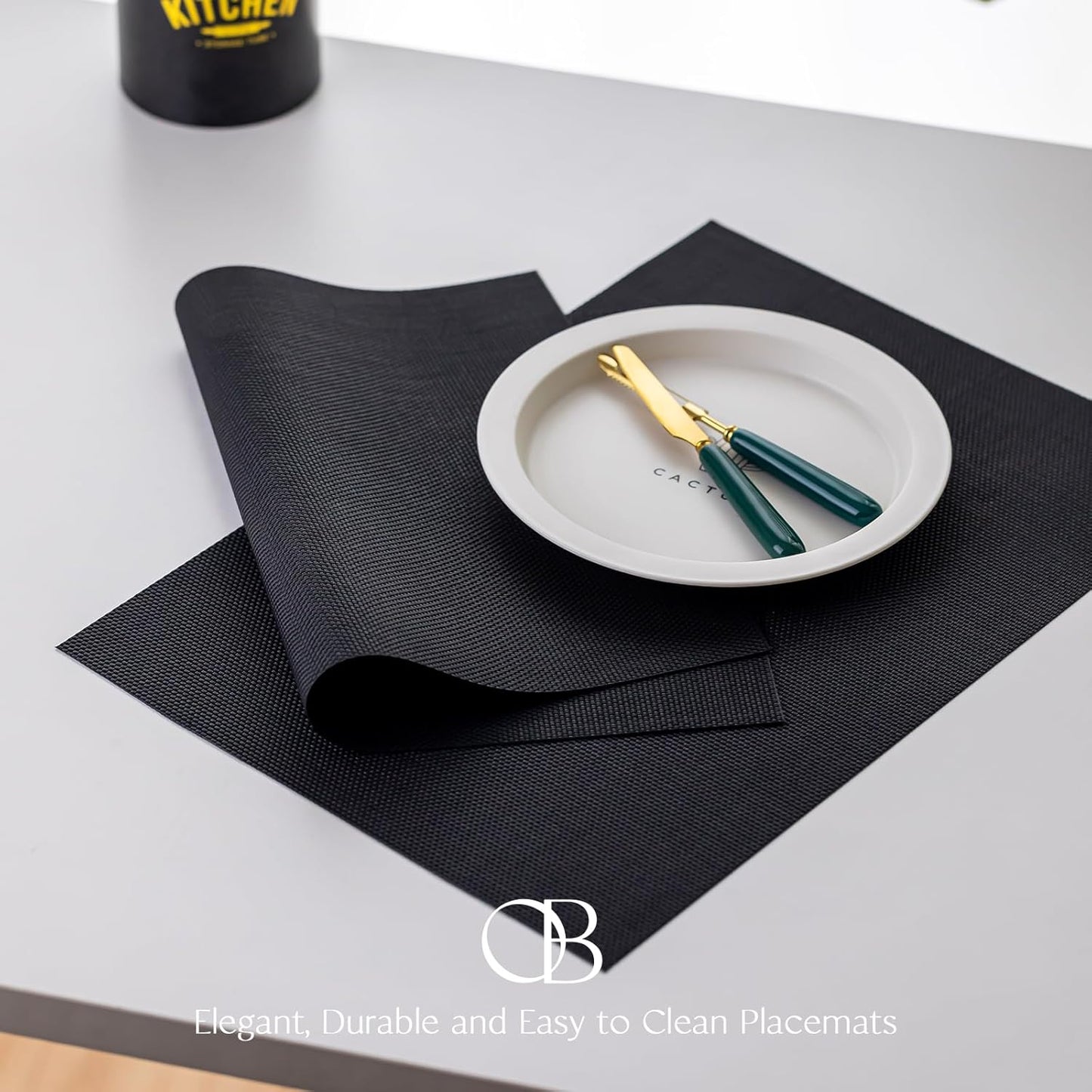 Placemats Set of 12 - Easy Clean Woven Vinyl Placemats for Dining Table, Indoor/Outdoor Place Mats, Washable PVC Table Mats（Black）