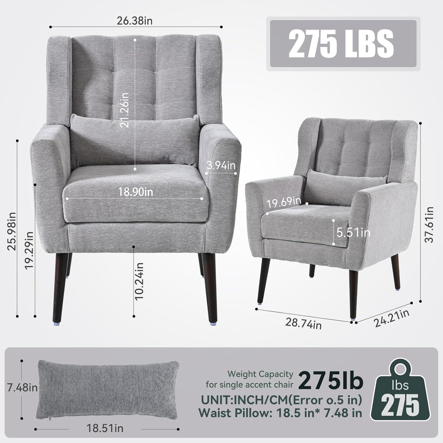 Accent Chair Set of 2, Upholstered Armchair with Pillow, Fabric Single Sofa Chair with Lounge Seat and Wood Legs Accent Chair for Living Room Small Spaces (Grey, Set of 2)