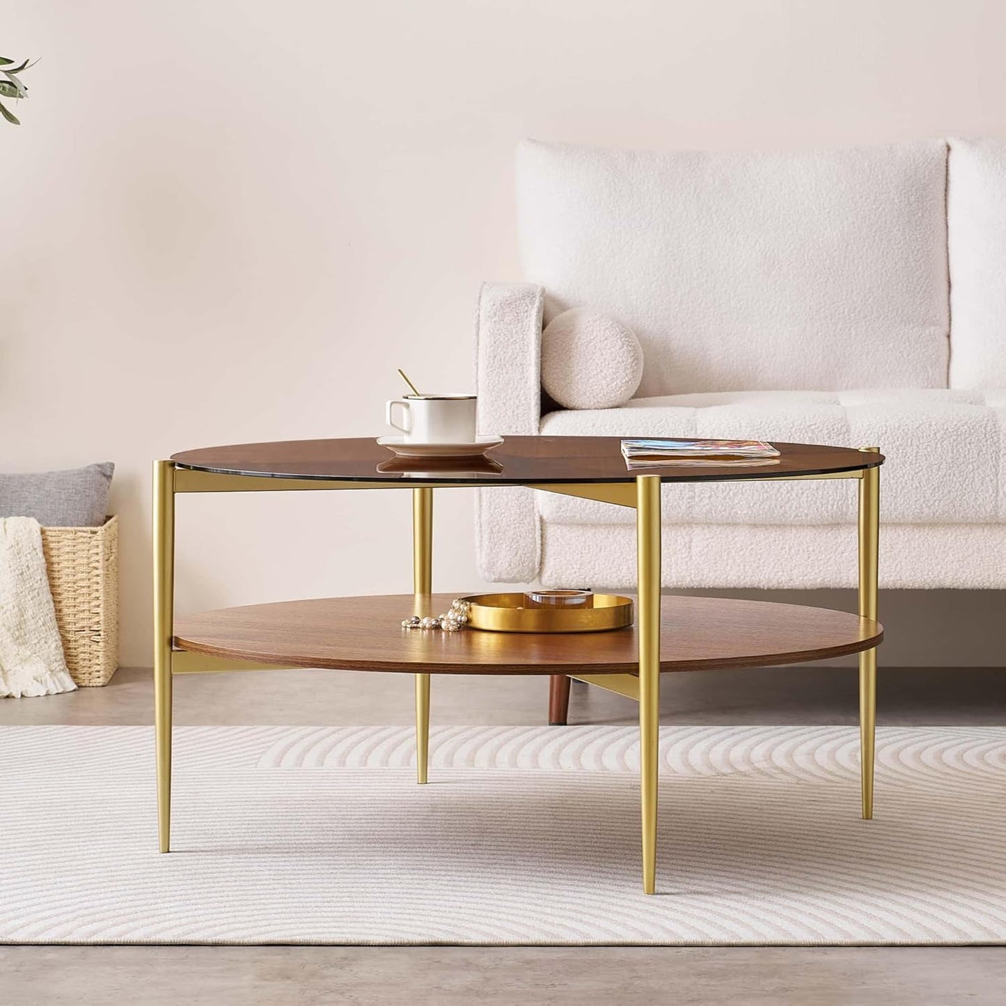 Extra Large Round Coffee Table, Mid-Century Modern Design, D34 x H17 in, for Living Room, 2-Tier Structure, Amber Glass Top and Walnut MDF Shelf, Sleek Conical Metal Legs with Gold Finish