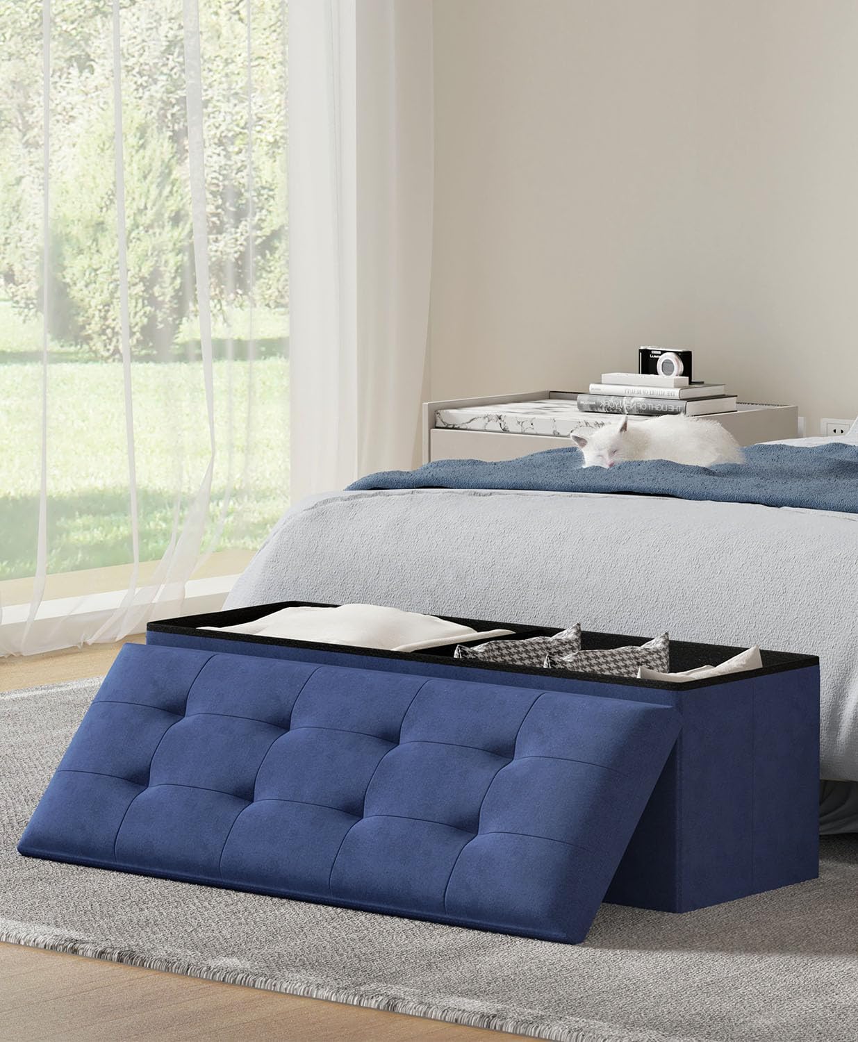 Storage Ottoman Bench, Folding Ottoman Foot Rest, End of Bed Bench,Storage Chest, for Living Room, Bedroom, Hallway, Entryway, Holds up to 700 lb (Navy BLUE1, 43")