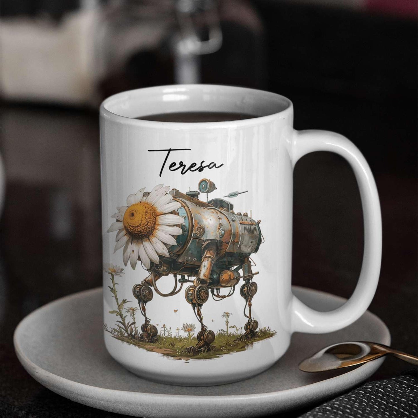 Customized Robotic Daisy Coffee Mug 11oz Or 15oz, Personalized Name On Mechanical Flower Mug, Novelty Ceramic Cup Gift For Tech Enthusiasts, Custom Nature Inspired White Mug
