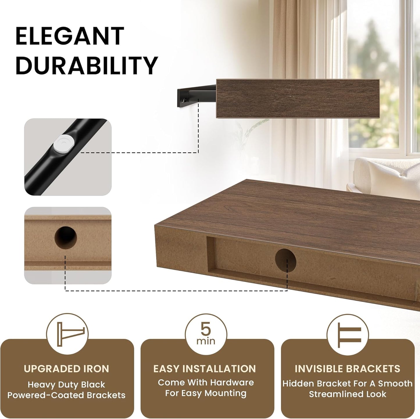 Floating Shelves for Wall, 31.5"W x 6.7"D x 1.5"H, Wooden Wall Mounted Display Shelves with Invisible Brackets for Living Room, Bedroom, Bathroom, Kitchen Decor and Storage, Set of 2, Walnut