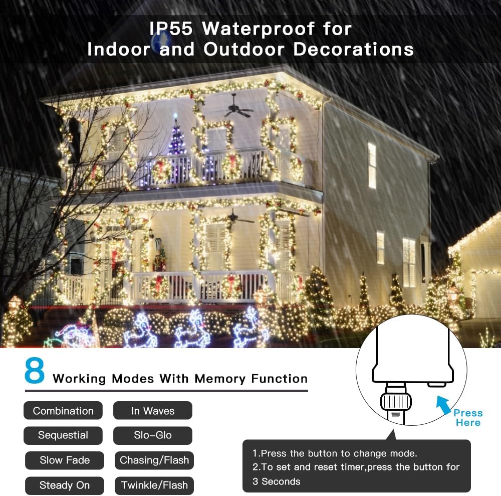 AmyHomie Warm White Christmas Lights, 108Ft 300LED Plug-in Christmas String Lights,8 Modes Waterproof Fairy String Lights for Outdoor & Indoor Christmas Tree Home Patio Garden Party Wedding Decor
