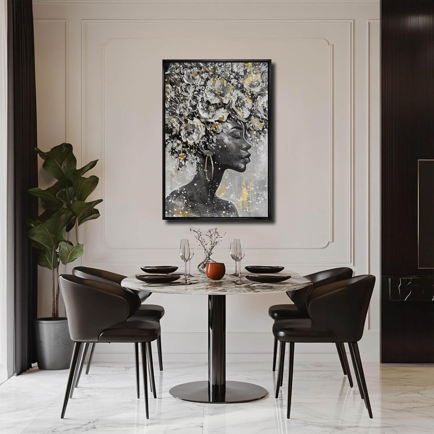 MLART99 Gold African American Wall Art Black Woman Wall Decor with Frame Vertical Floral Canvas Painting Modern Print Bedroom Living Room Decor 24x36 Inch