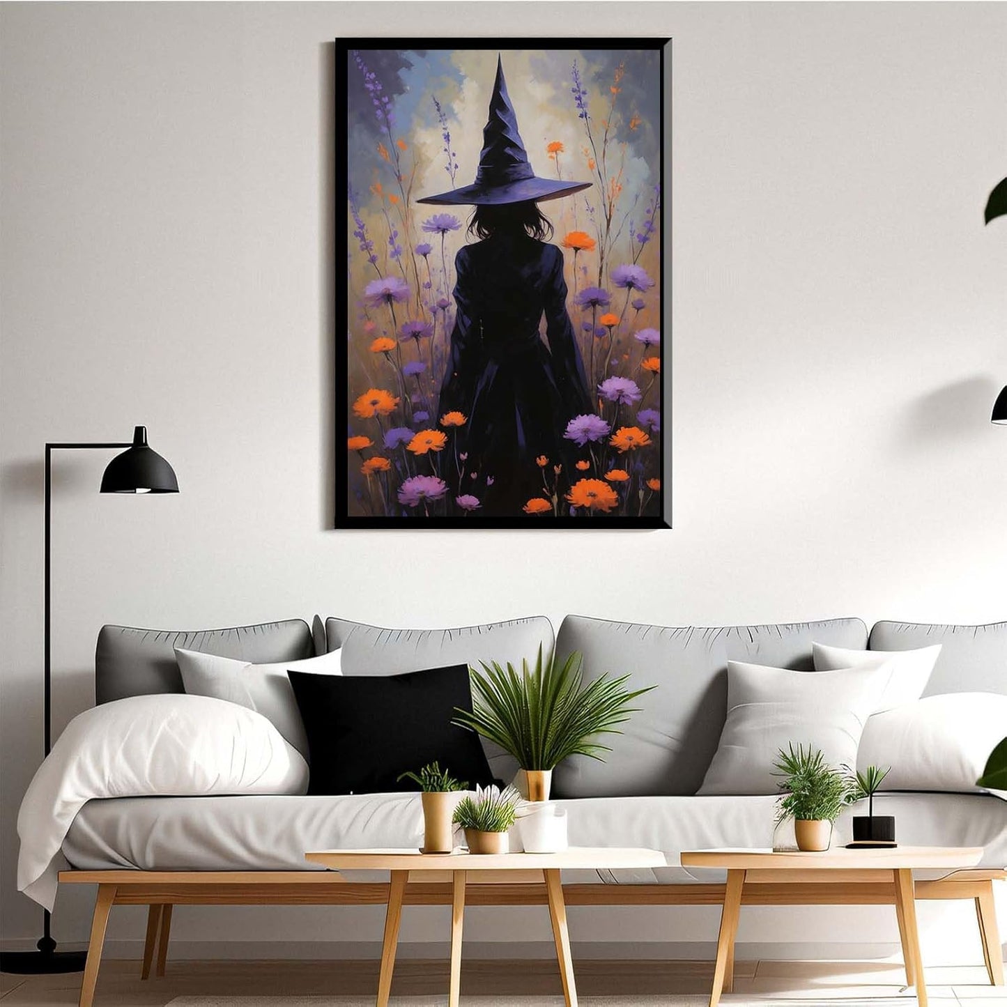 JFHCQJPK Country wildflower witch canvas print halloween mashup art witch purple decoration bohemian elegant art poster20x30in Metal blackFramed