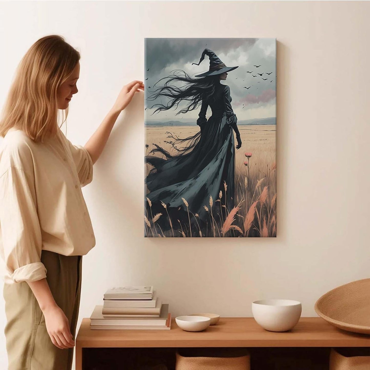 JFHCQJPK Gothic Decor Canvas Wall Art Witch in Rice Field Halloween Art Decor Print Nature Print Victorian Home Bedroom20x30in Frameless