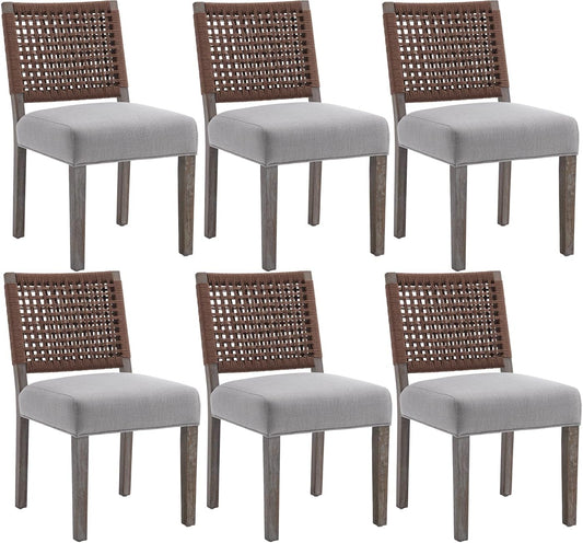 Kmax Farmhouse Dining Chairs Set of 6, Rustic Kitchen Chairs with Linen Fabric Seat and Woven Back, Vintage Accent Chairs for Dining Room, Living Room, Grey