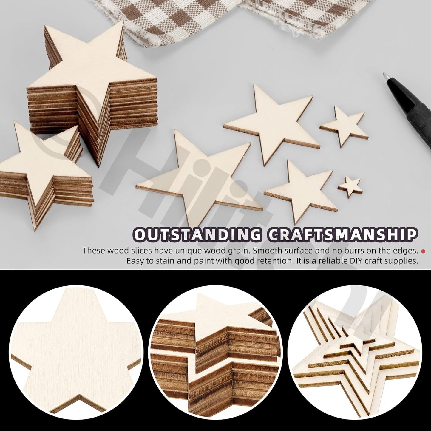 Hilitchi 300Pcs 5Sizes Unfinished Wooden Stars Wood Stars Craft Unfinished Wooden Stars Ornanents Wooden Stars Shape Blank Wood Ornaments Cutout Blank Wood for DIY Art Crafts Home Decorations