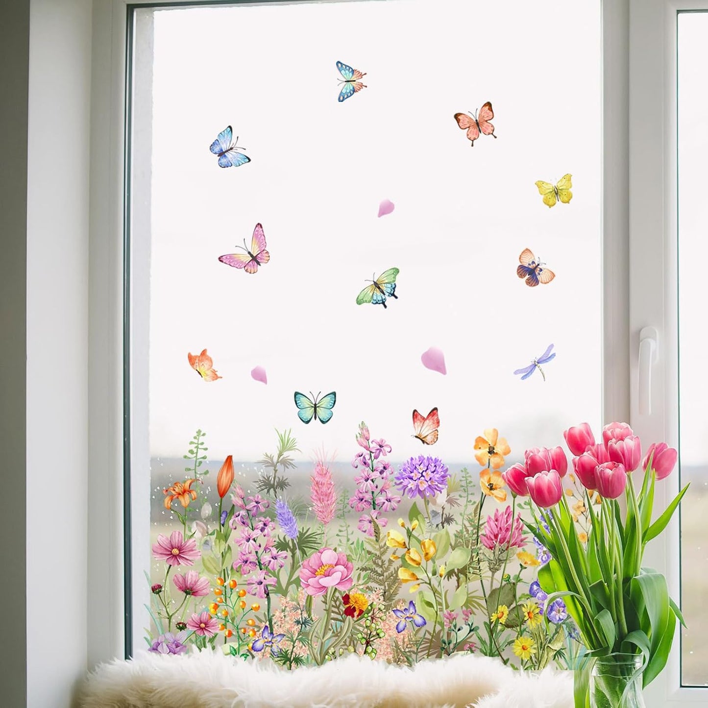 Mirbuy Wildflower Butterfly Window Decals, Colorful Garden Floral Window Clings for Home Decor