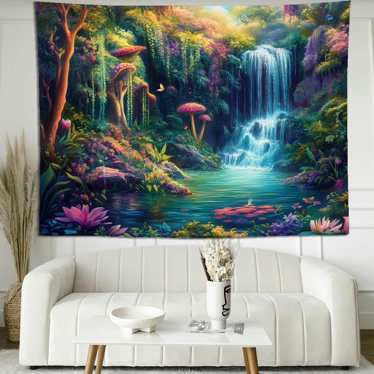 keowhsf Forest Waterfall Tapestry with Mushrooms and Flowers – Colorful Floral Plants Natural Landscape Wall Art, Fantasy Aesthetic Wall Hanging for Bedroom Decor
