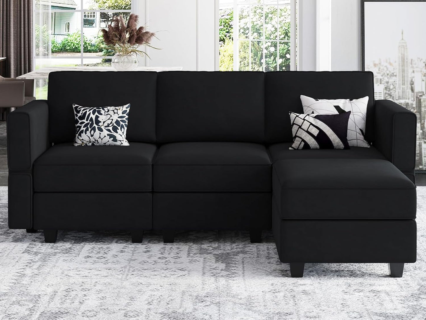 Belffin Modern L Shaped Velvet Sectional Sofa with Chaise, Black, Storage, Adjustable Arm/Backrest