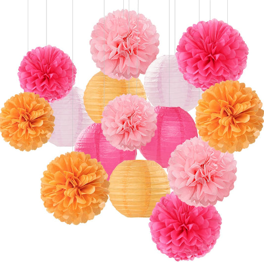 Pink-Orange Party-Decorations Paper-Flowers Lanterns - 15PCS Fall Wedding Birthday Tissue Pom Poms Streamers, Boho Baby Bridal Shower Graduation Sunset Hanging Supplies Decor Hugfond