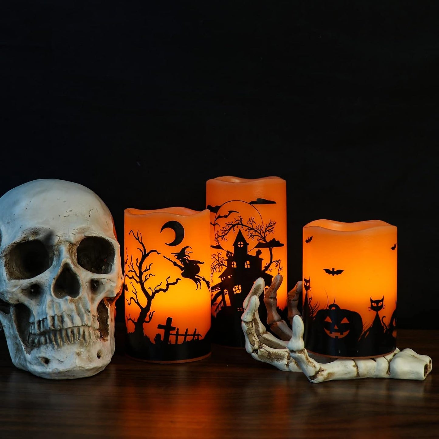 Wondise Halloween Flickering Flameless Candles with 6 Hour Timer, Battery Operated LED Real Wax Candles Set of 3 Halloween Home Decoration Gifts(3 x 4 5 6 Inch)