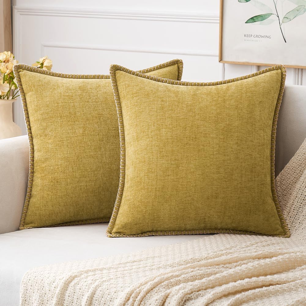 MIULEE Pack of 2 Couch Throw Pillow Covers 20x20 Inch Mustard Yellow Farmhouse Decorative Pillow Covers with Stitched Edge Soft Chenille Solid Dyed Fall Pillow Covers for Sofa Bed Living Room
