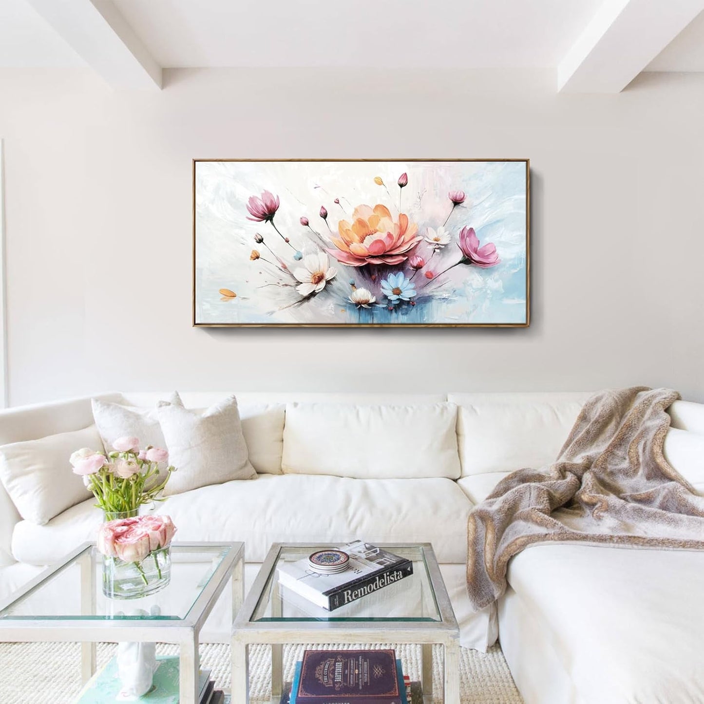 amatop Framed Floral Canvas Wall Art Picture Large Pink Blue Abstract Bloom Bouquet Print with Daisy Peony Elegant Botanical Nature Artwork for Living Room Bedroom Dining Room Entryway Decor 48x24 inch