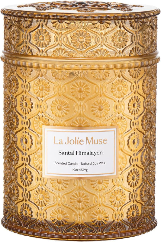 LA JOLIE MUSE Santal Himalayen Candle - Sandalwood, Fig & Amber |19 oz Large Wooden Wick Candle | Natural Soy Wax | 90 Hours Clean Burn | Gift-Ready for Hosts & Gatherings | Elegant Home Décor