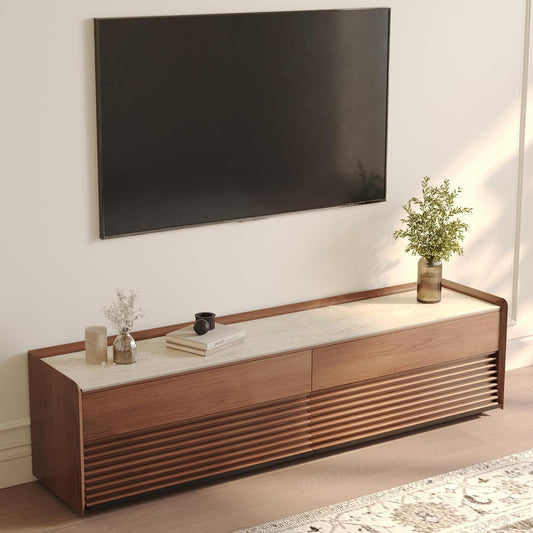 POVISON Fully-Assembled Mid Century Matte Sintered Stone TV Stand, 70.87" Wood Media Console with Adjustable LED Light, Entertainment Center with Storage for Living Room