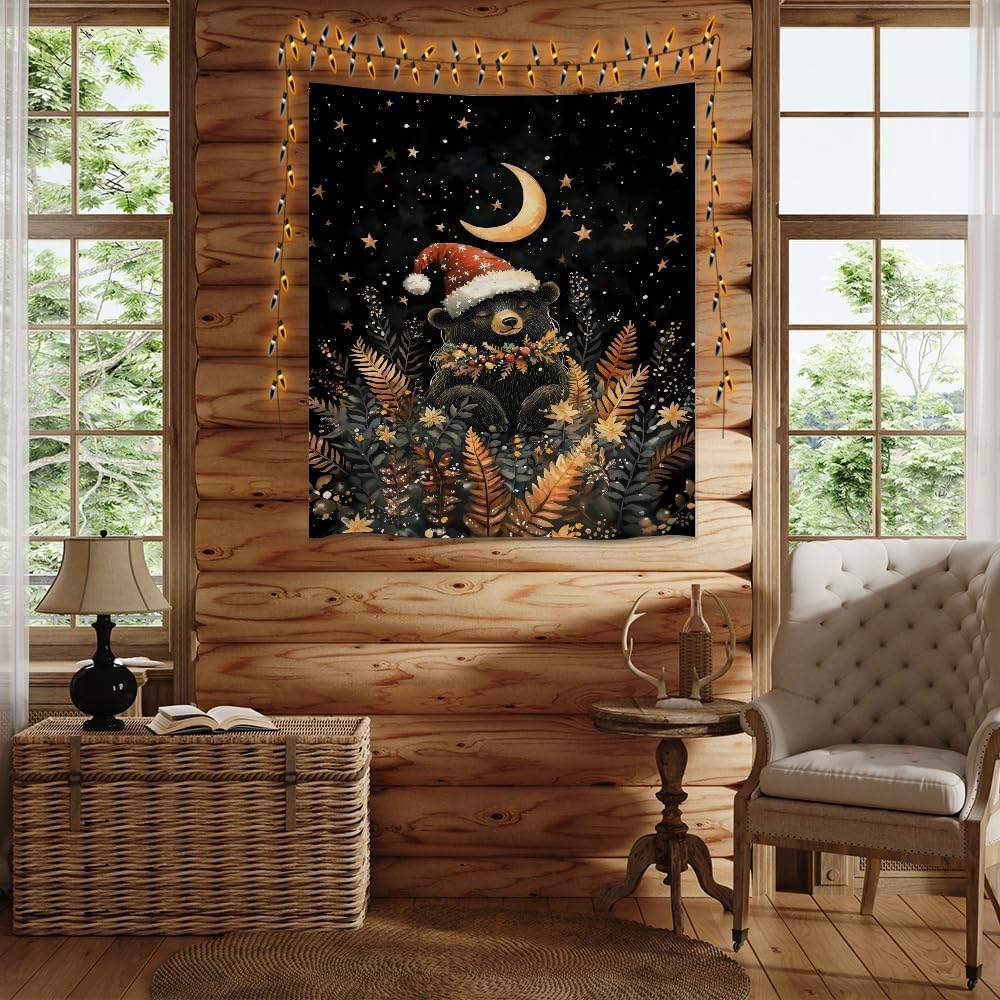Whimsical Christmas Tapestry Moon Stars Dark Aesthetic Wall Hanging Decor Cute Bear Tapestries for Kids Room Decoration Funny Christmas wall art for Bedroom Dorm Living Room 60x80inch