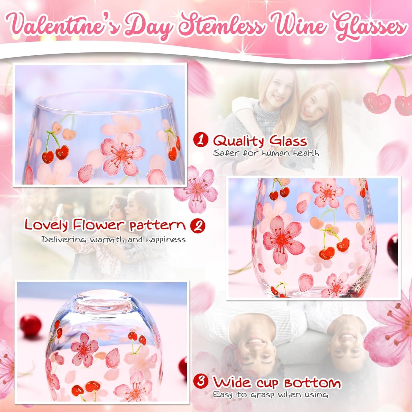Sliner 2 Pack 17oz Cherry and Flower Stemless Wine Glasses Cherry Blossom Drinking Glasses Floral Tumbler Cups for Women Birthday Anniversary Gift Parties Supplies