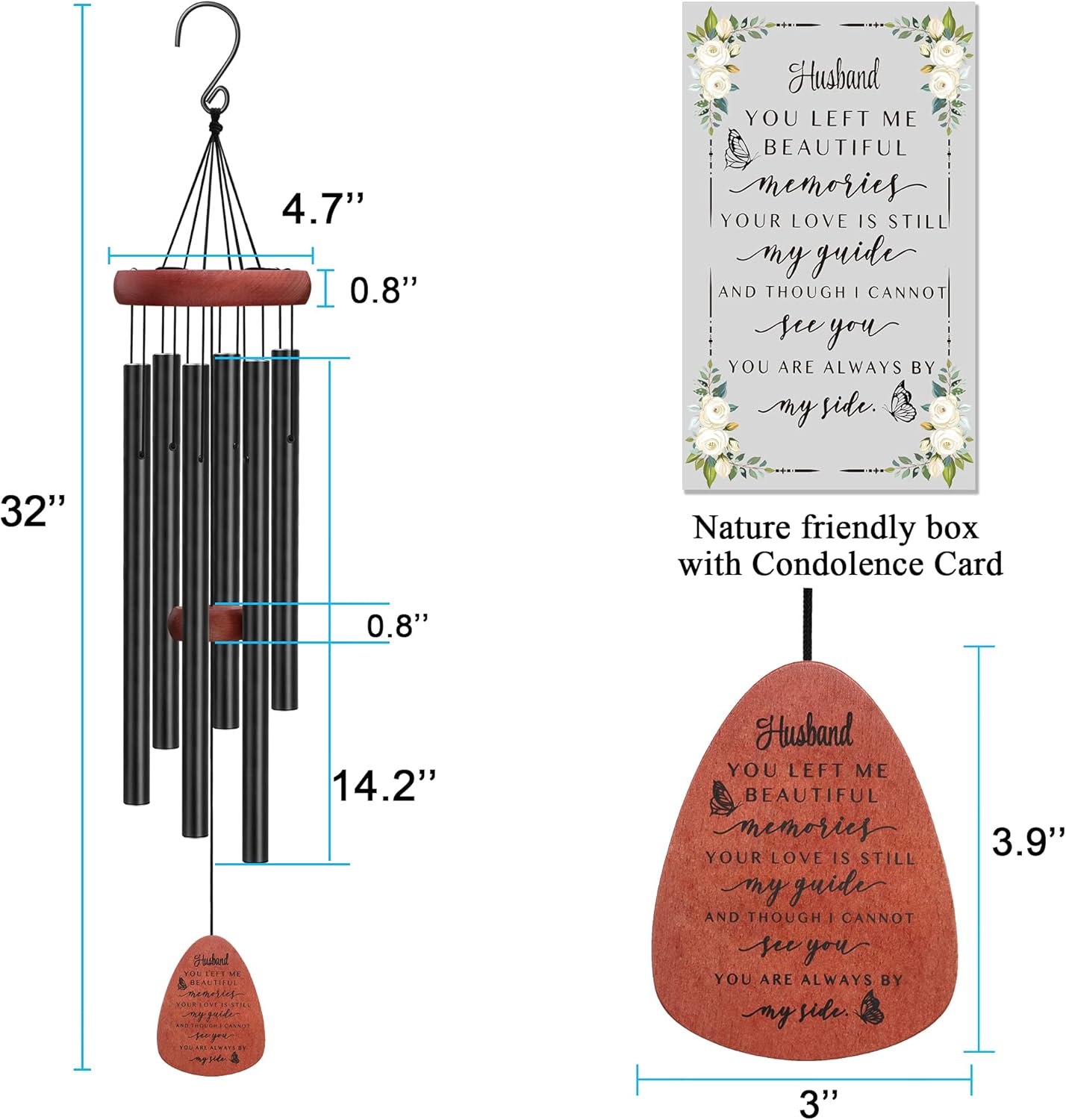 Memgift Memorial Wind Chime for Loss of Husband - Solid Beech Wood Sympathy Gift - Bereavement Wind Chime for Loved One - Outdoor Remembrance for Garden & Patio 32 Inch