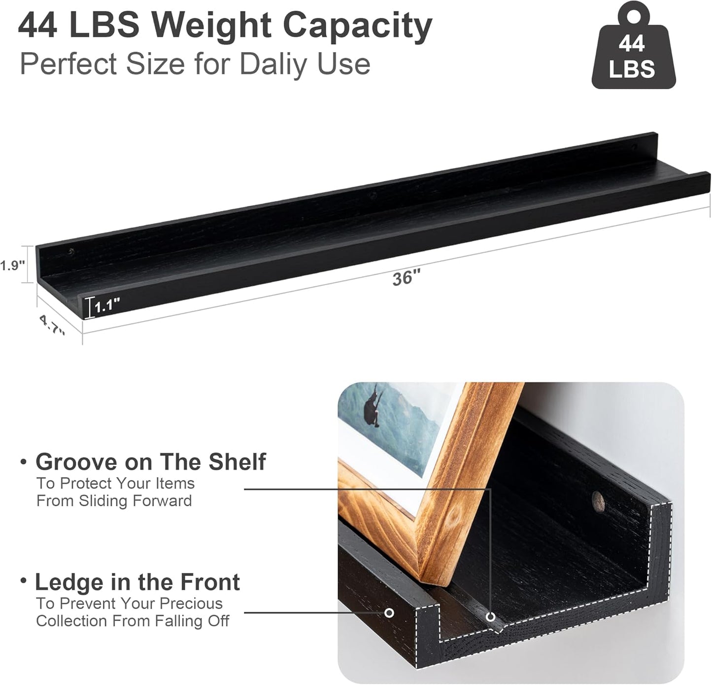 Floating Picture Ledge Shelves 36 Inch Solid Oak Wood Set of 2, Rustic Wall Storage Shelves with Lip, Kids Bookshelf, Photo & Picture Ledge Shelves for Bedroom, Living Room, Kitchen