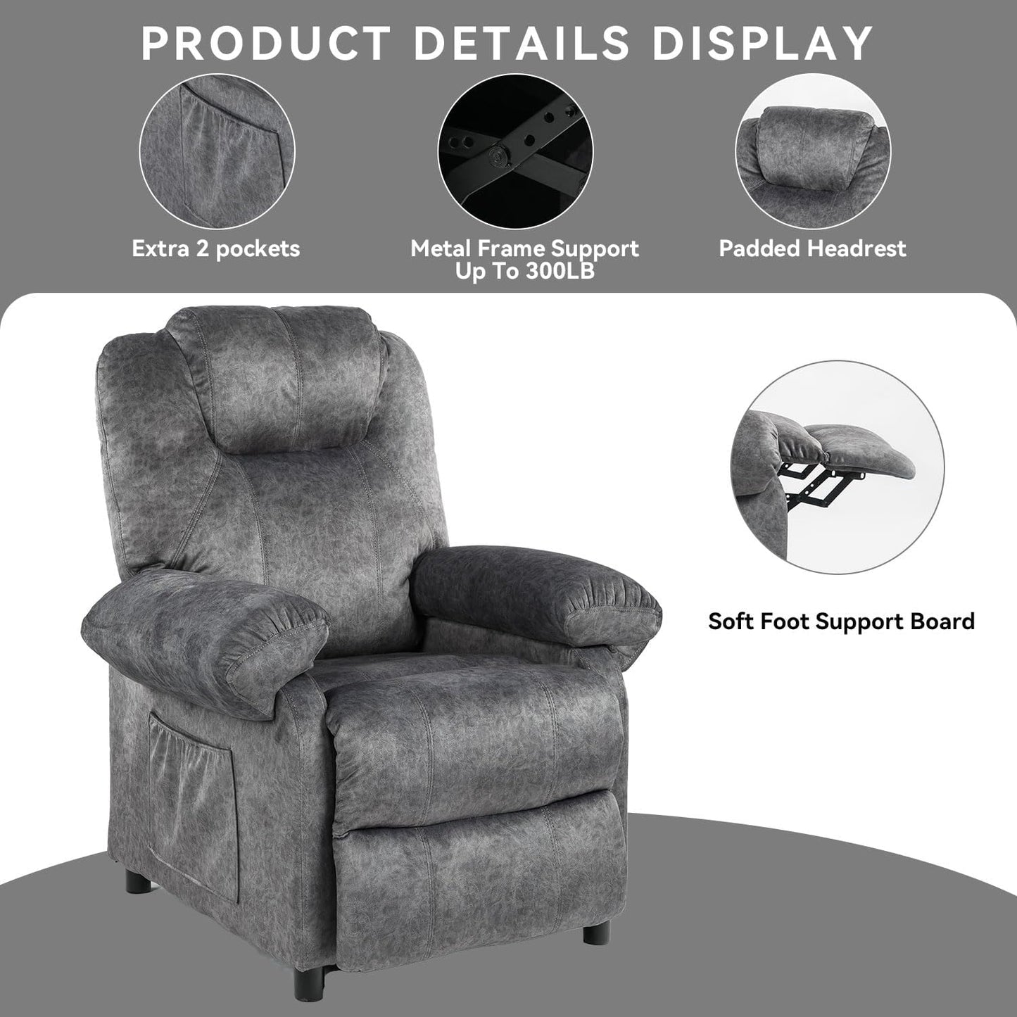 KCREAM Massage Recliner Chair with Heating,Overstuffed Fabric Reclining Chairs for Living Room,Small Recliner Manual Reclining Single Sofa Recliners Lounge Chair,Grey