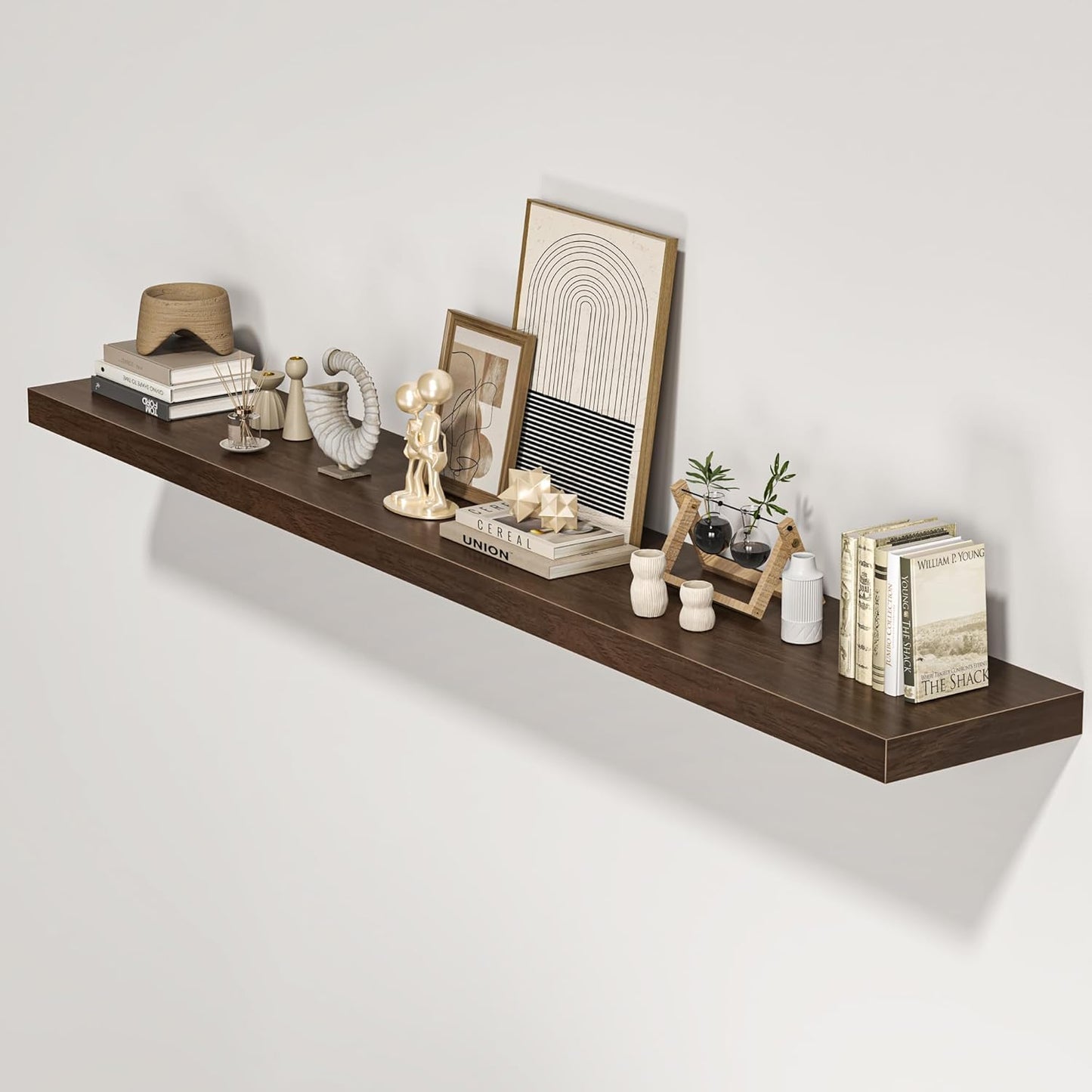 Floating Shelves for Wall, 72"W x 9.3"D x 1.5"H, Long Wooden Wall Mounted Display Shelves with Invisible Brackets for Living Room, Bedroom, Bathroom, Kitchen Decor and Storage, Set of 1, Walnut