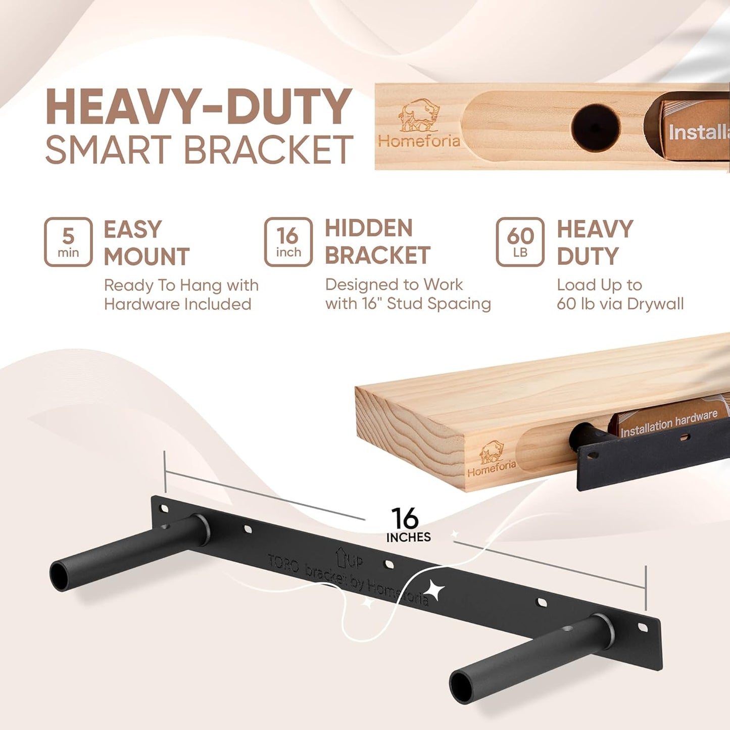 Homeforia 24 inch Natural Floating Shelf, High End Solid Real Wood 24inch Small Floating Shelves for Wall Mounted, Natural Wooden Floating Shelves, Heavy Duty Bracket, 24 X 6.5 X 1.75 in, Set of 2