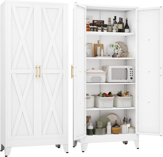 71" H Metal Kitchen Pantry Storage Cabinet, Freestanding Cupboard with 2 Doors and 4 Adjustable Shelves, Standing Storage for Kitchen, Bathroom, Garage, Dinning Room or Utility Room（White）