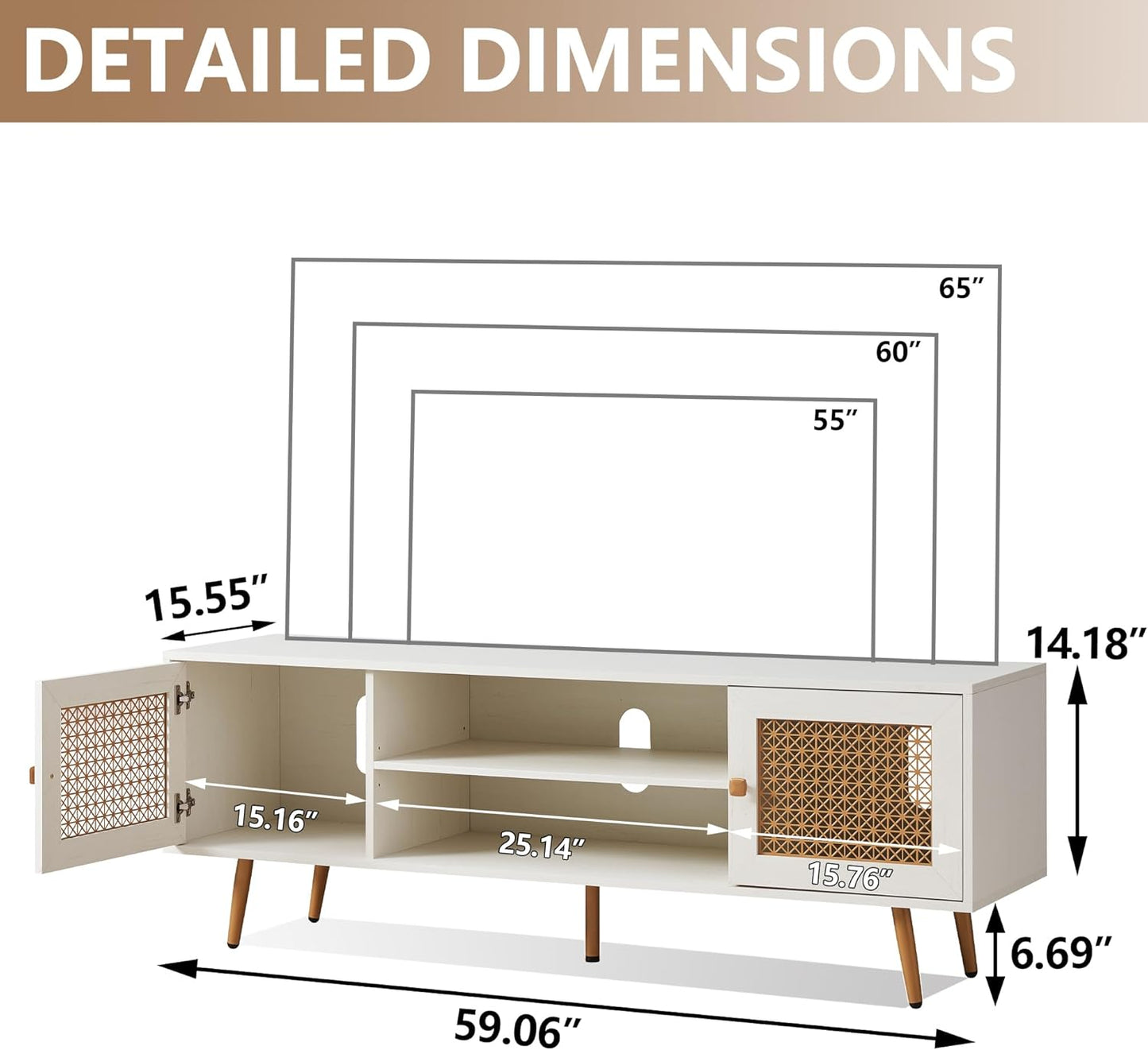 JYED Mid Century Modern TV Stand with Metal Mesh Doors and Open Shelf for 65" TVs,Antique White Media Console Wood Entertainment Center with Cable Holes for Living Room.59.06"x15.55"x20.87"