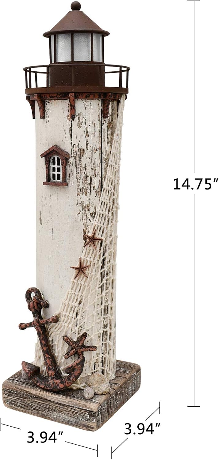 Linfevisi Wood Lighthouse Decor Rustic LED Light House Decor Wooden Decorative Nautical Lighthouse Statue Coastal Beach Themed Lighthouse Handcrafted Tabletop Decoration Home Bathroom (14.75")