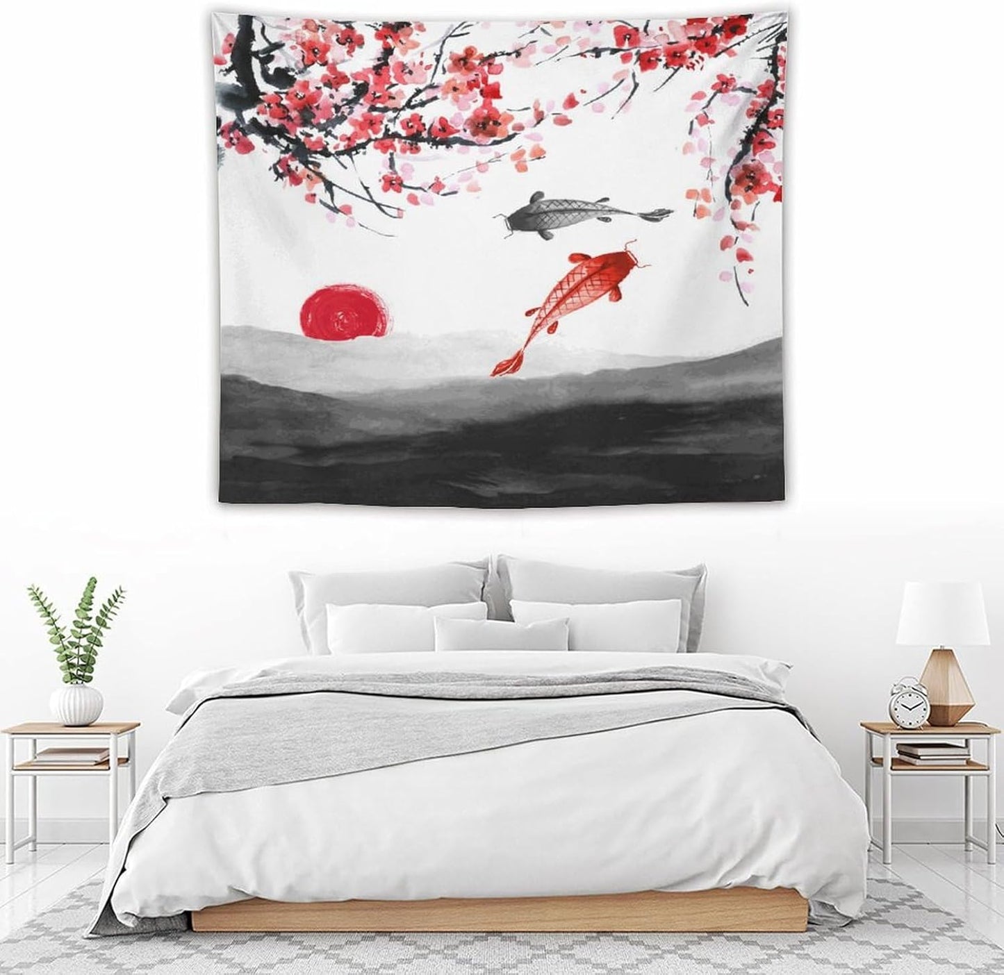 Houselerax Japanese Koi Fish Tapestries, Cherry Blossoms Asian Oriental Flower Branch Koi Fish Carp Tapestry Wall Hanging for Bedroom Living Room Office Decor 60"x50"