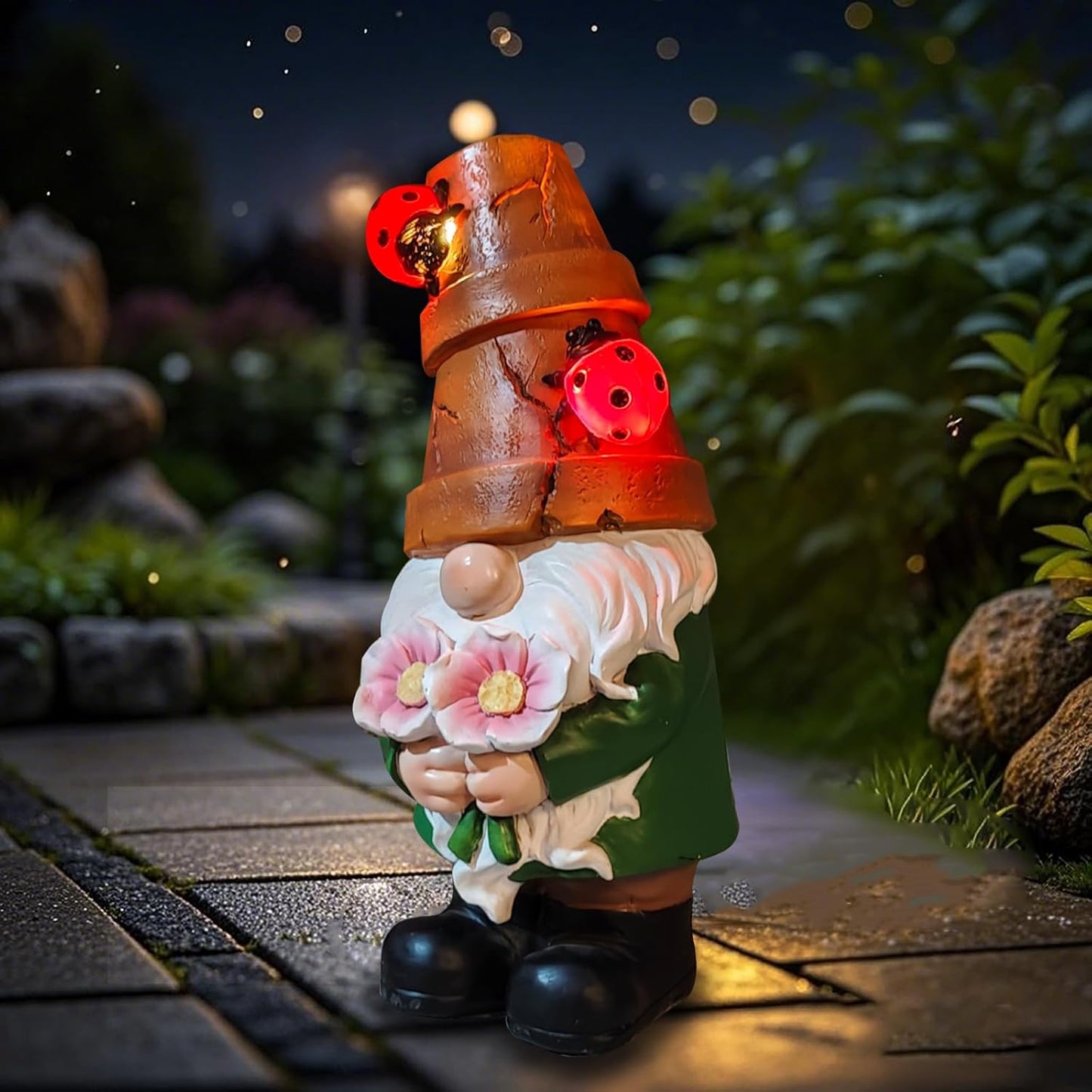 COWOS Garden Gnome Statues Outdoor Decor, Solar Gnomes with LED Lighted Flowers, Solar Resin Outdoor Statue Sculpture, for Woman Gift Home and Garden Decor