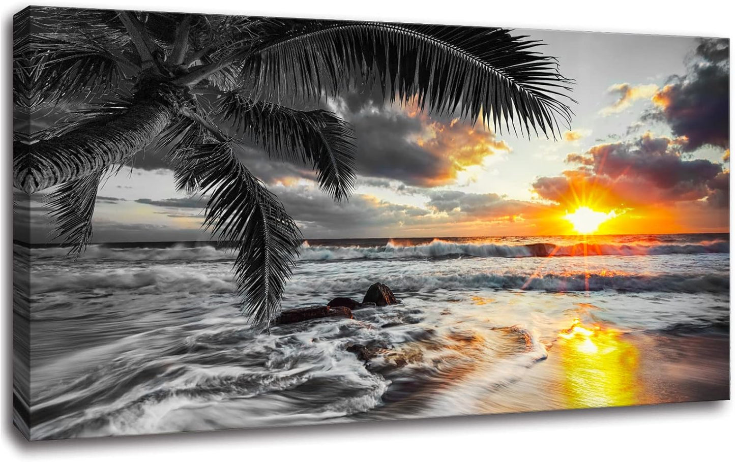 Yxbhhym-Black and White Wall Art Beach Décor Large Ocean Canvas Pictures Wave Sunrise Seascape Print Painting Palm Poster Sea Artwork for Office Wall Art Bedroom Accessories Living Room Décor
