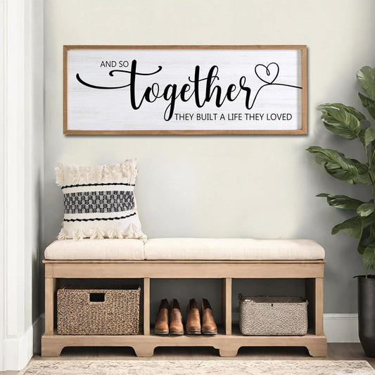 And So Together They Built A Life They Loved Decorative Rustic Sign & Plaque Framed Wall Art for Couples, 40''×15''Wooden Long Wall Decor Above Bed, Vintage Horizontal Farmhouse Wedding Gift