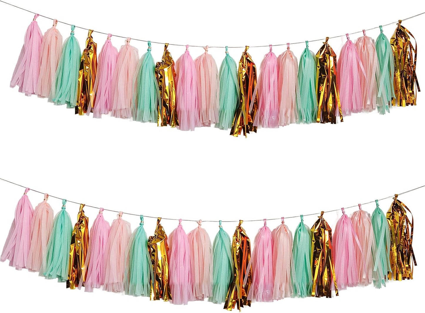 Shiny Tassel Garland Tissue Paper Tassel Banner,Tassels Party Decorations for Wedding,Birthday,Bridal/Baby Shower,Pack of 20 (Gold/Mint/Peach/Pink)