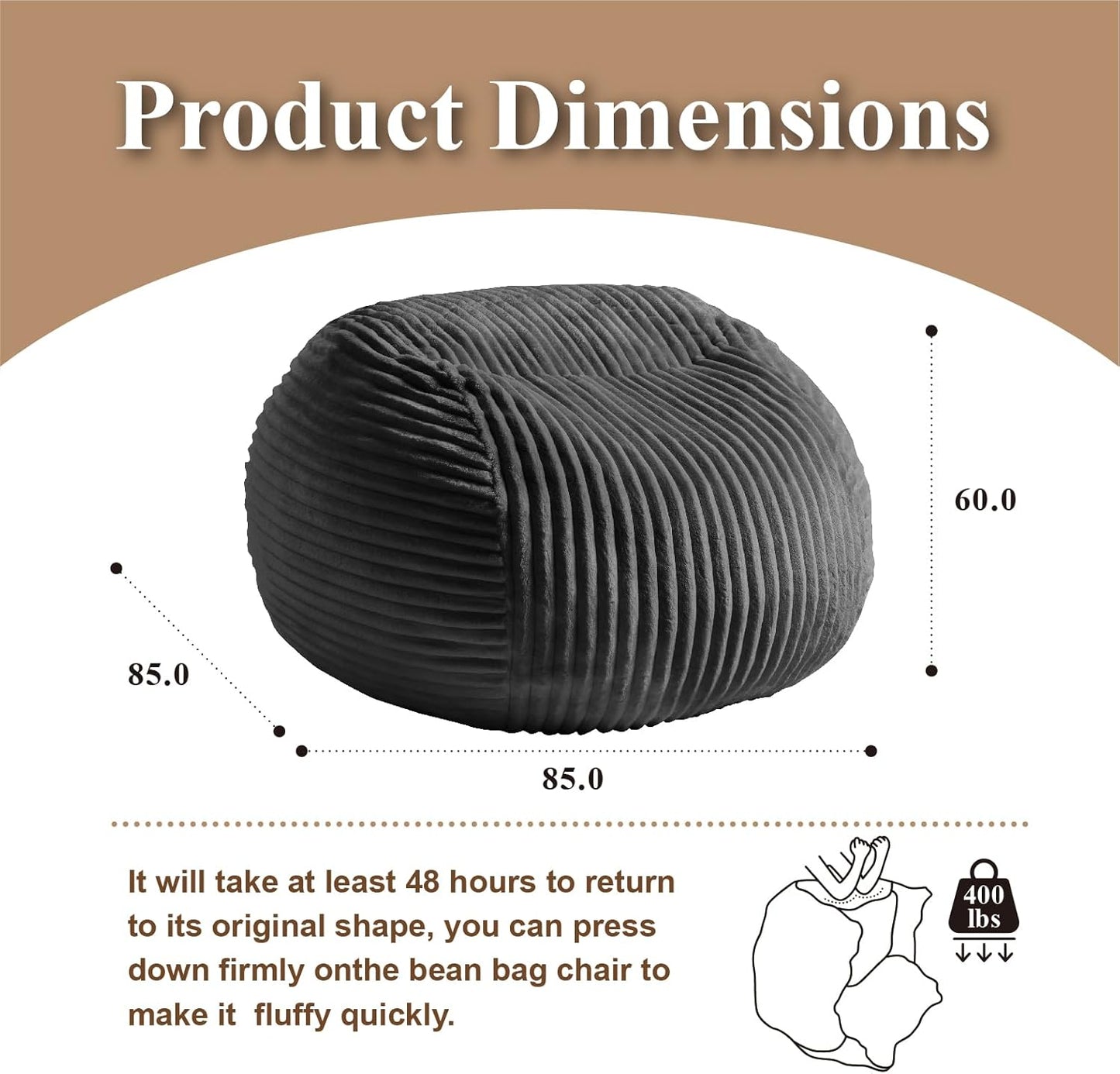 Premium Beige Bean Bag Chair for Adults with Armrest- Ultra Plush Memory Foam Lounge Sofa & Comfy Reading Nook Chair for Bedroom, Living Room & Dorm (Gray, 4FT)