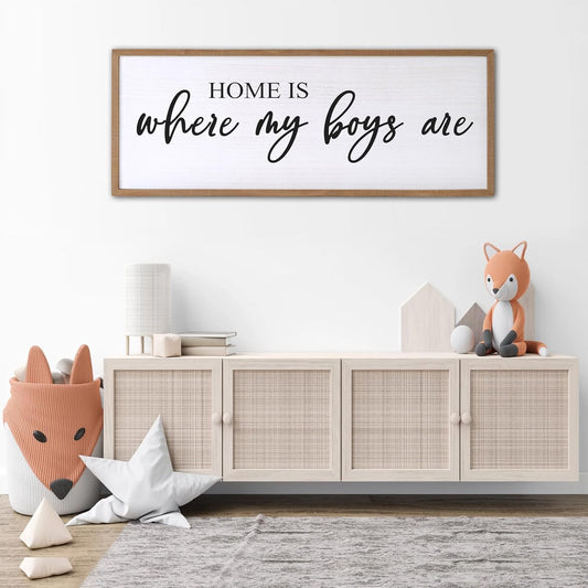 Home is Where My Boys are Sign Framed Wall Art, 40''×15'' Rustic Horizontal My Son Plaque with Natural Frame for Baby Kid Boy Son Teen Toddlers Room, Horizontal Mom of Boys Gifts Nursery Decor