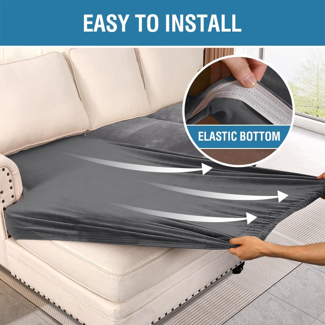 H.VERSAILTEX Velvet Stretch Sectional Couch Covers 3 Pieces Sofa Seat Cushion Covers L Shape Separate Cushion Couch Cover for Both Left/Right Sectional Couch (Large Sofa 2 Seater + 1 Chaise, Grey)