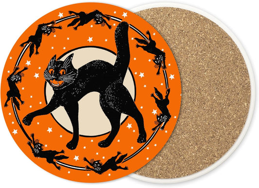 Generic AnyDesign 4Pcs Halloween Coasters Black Cat Ceramic Drink Coasters Vintage Cup Mats for Home Kitchen Table Protection Housewarming Gift