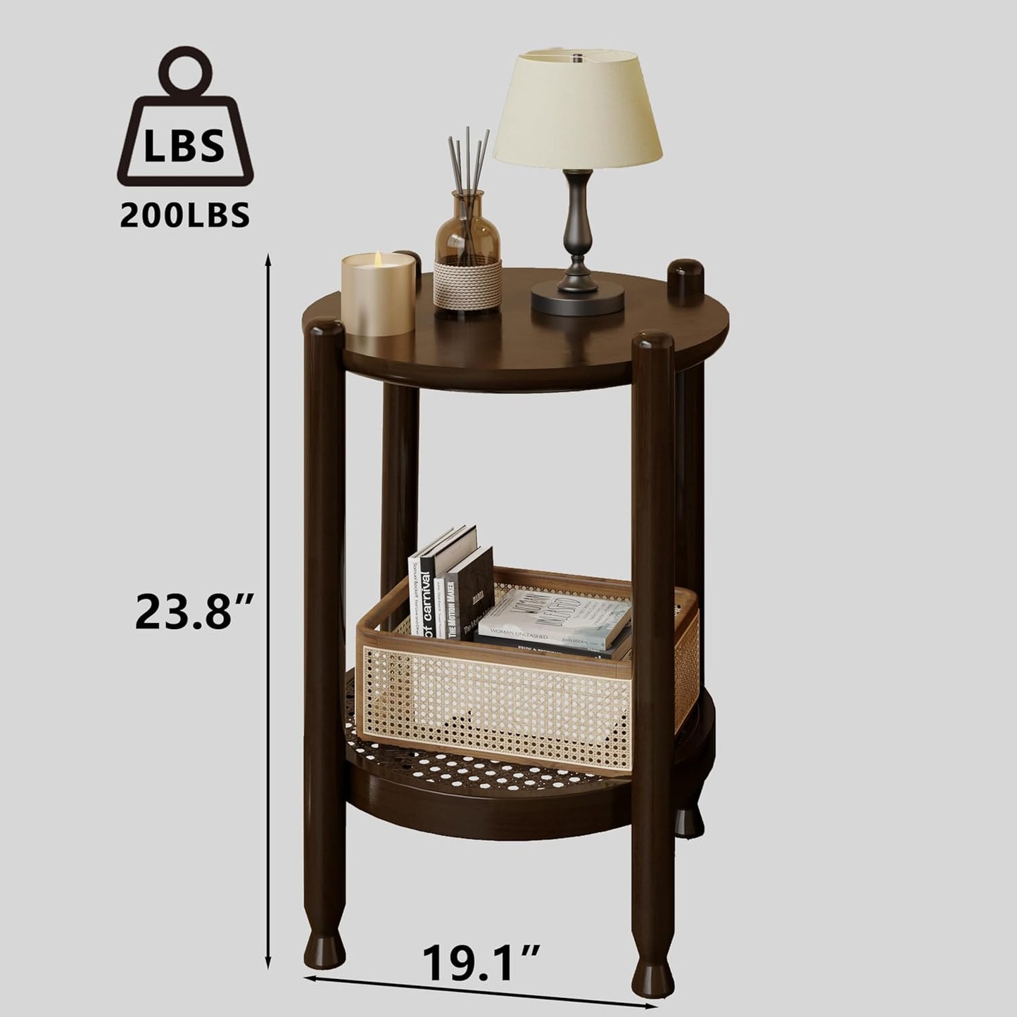 NSdirect Round End Table for Living Room, 2-Tier Rustic Wood Center Table for Home Decor with Boho Woven Rattan Storage Shelf | Modern Farmhouse Design, Easy Assembly, Black Brown