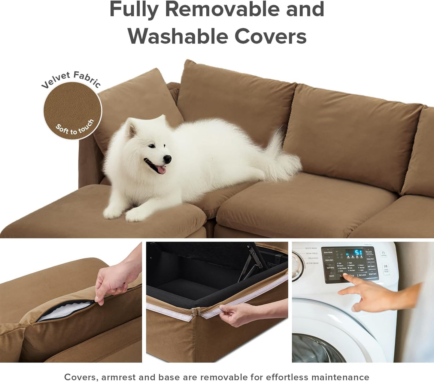 mopio Oversized Modular Sectional Sofa with Fully Removable Covers and Storage, Convertible U, L-Shaped and Sleeper Sectional, Modern Couches with Ottoman Chaise (Hazelnut Velvet, 5 Seats, U)