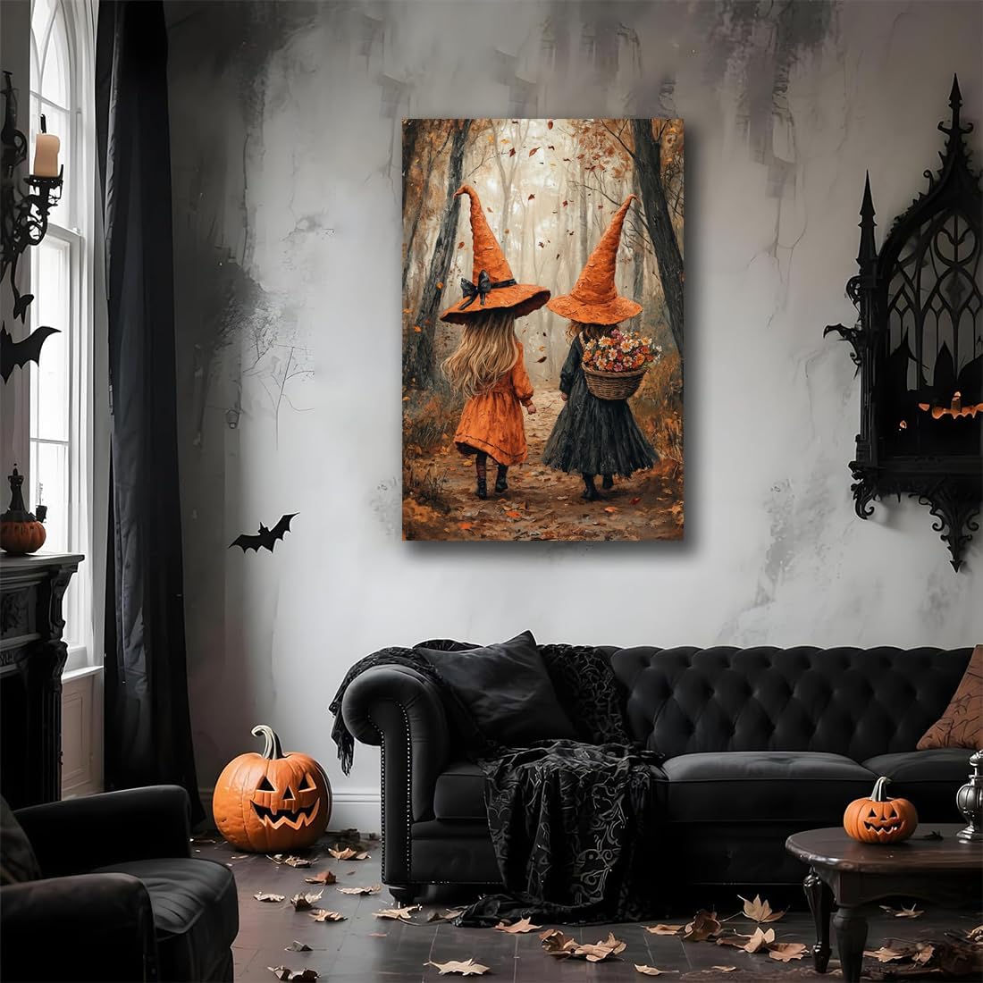 Fall Wall Art Witch Picture Decor,Little Girl Witch Halloween Wall Art, Vintage Autumn Whimsical Woodland Forest Picture, Family Room Nursery Playroom Children Room Decoration,24"x36" Unframed