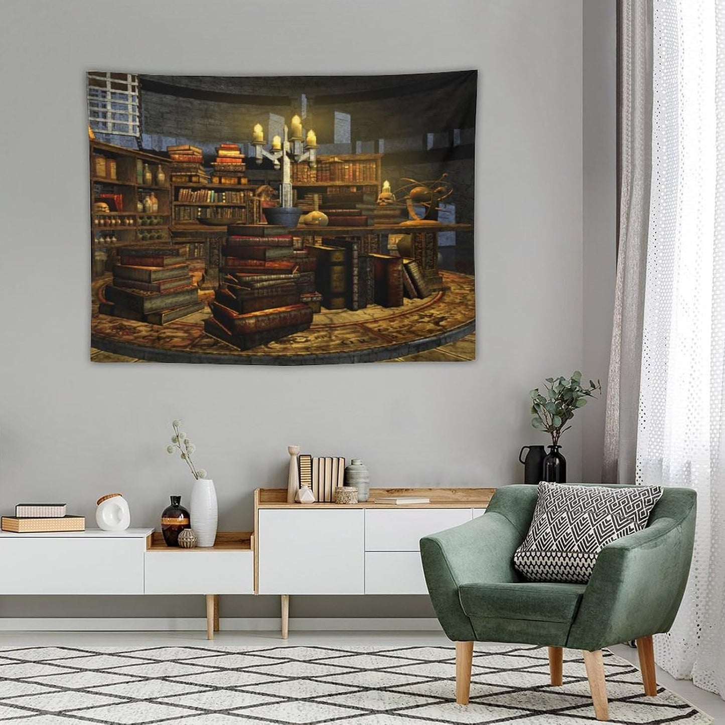 Kurtect Library Tapestry,Vintage Medieval Bookshelf Wooden Bookcase Antique Magic Art Tapestries for Party Beach Picnic Blankets Tablecloths Living Room Wall Deocr, 30x40 in