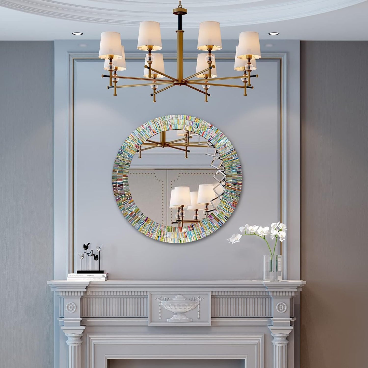 Bohemian Rainbow Wall Mirror -Glass Mosaic Mirror Decorative Wall Mirror, Multi Color Spectrum Wall Mountable, 24" Multi-Color Round Framed Mirror