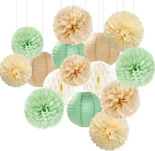 Sage Green-Boho Party-Decorations Paper-Flowers Lanterns - 15PCS Safari Rustic Neutral Baby Shower Tissue Pom Poms Streamers, Champagne Gold Birthday Wedding Graduation Hanging Supplies Decor Hugfond