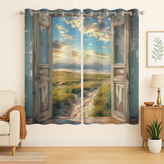 Landscape Blackout Curtains for Girls Boys Home Decor, Cow Sunset Grassland Mountain Natural Scenery Grommet Thermal Insulated Drapes Darkening Window Curtain for Bedroom Living Room, 42 x 63 Inch